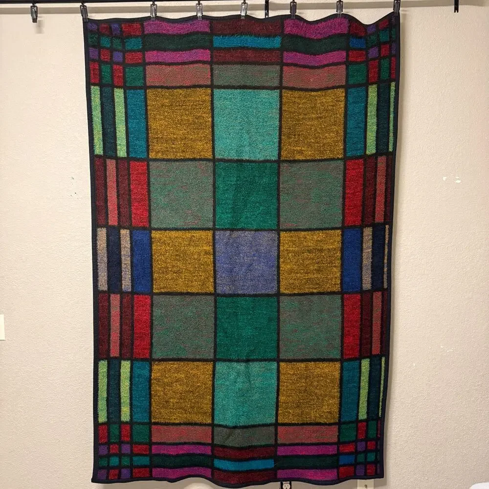 Vtg Biederlack stained glass window throw blanket - multicolored window pane
